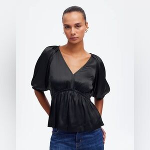 Madewell Shirred Puff-Sleeve Top in Satin